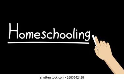 homeschooling on blackboard, hand holding chalk 