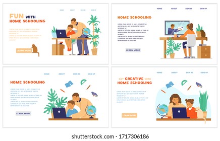 Homeschooling or online education website template set. Kid seats at table with parent or tutor and learning at home. Vector design.