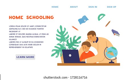 Homeschooling or online education website template. Dad or tutor with child in front of laptop learning. School supplies. Cozy workplace with plants. Flat vector illustration.