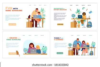 Homeschooling or online education website template set. Kid sits at table with laptops and parent or tutor. Learning at home vector design.