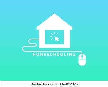 Homeschooling. Online tuition remotely. The symbol of family learning. House and wire with mouse. Text inscription. Green and blue background. White icon. Flat vector illustration.