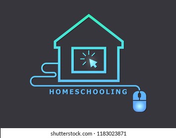 Homeschooling. Online tuition remotely. The symbol of family learning. The house and computer. Text inscription. Dark background. Green and blue icon. Flat vector illustration. 