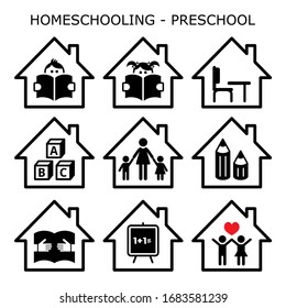 Homeschooling - preschool vector icons set, home early education design for young kids, kindergarten children learning while stay stay at home concept. Teacher ot tutor's lesson at hom