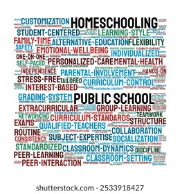 Homeschooling and Public School Word Cloud. Overview of Factors Influencing Parental Choices Between Homeschooling and Traditional Schooling. Educational Preferences Explored. Isolated Background.