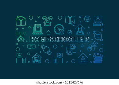 Homeschooling vector Education concept colorful linear horizontal illustration or banner on dark background