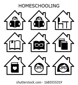 Homeschooling vector icons set, home education design, children learning while stay stay at home concept. Teacher ot tutor's lesson at home with children - primary and high school age, studying 