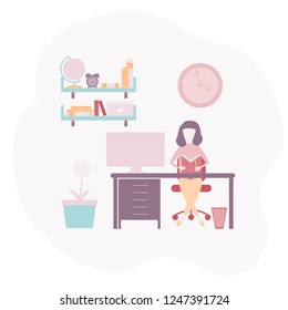 Homeschooling, vector illustration of a girl studuing at home