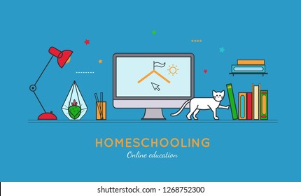 Homeschooling  vector illustration in thin line style. Education online  and home office conceptual poster, banner, cover. Workplace in home interior with books, pencils, desk lamp, table