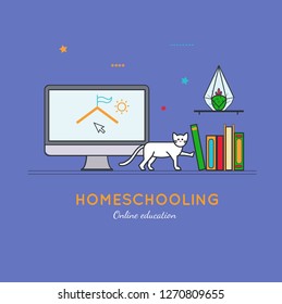 Homeschooling  vector illustration in thin line style. Education online  and home office conceptual poster, banner, cover. Workplace in home interior with books, pencils, desk lamp, table