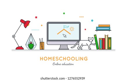 Homeschooling  vector illustration in thin line style. Education online  and home office conceptual poster, banner, cover. Workplace in home interior with books, pencils, desk lamp, table