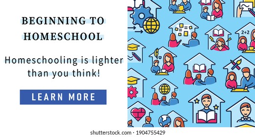 Homeschooling web banner. Family together teaches his child .Online education landing, web page layout template. Distant remote teaching and home schooling. Linear vector illustrations collection