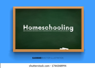 Homeschooling. Word Homeschooling on a board.online learning. Chalk inscription on a blackboard. Chalkboard 3D. Realistic black boards in a wooden frame isolated on a blue background. Background for