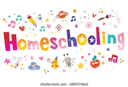 Homeschooling word written in unique lettering with additional kids design elements 