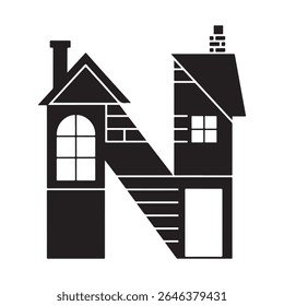 Home-shaped Letter N with Chimneys and Windows for Real Estate