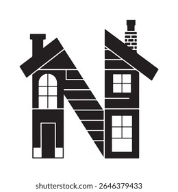 Home-shaped Letter N with Chimneys and Windows for Real Estate