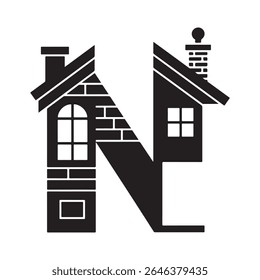 Home-shaped Letter N with Chimneys and Windows for Real Estate