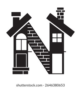 Home-shaped Letter N with Chimneys and Windows for Real Estate