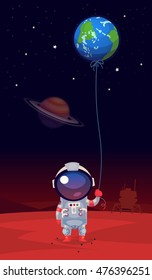 Homesick astronaut in a spacesuit standing on mars holding balloon shaped like the earth in his hand