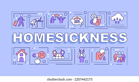 Homesickness word concepts purple banner. Feeling lonely abroad. Infographics with editable icons on color background. Isolated typography. Vector illustration with text. Arial-Black font used