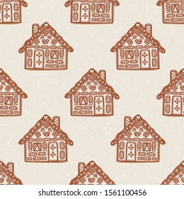 Homespun Gingerbread House with Decorated Icing Pattern. Seamless Background in Warm Ecru Brown with Falling Snow Texture. For Christmas Backdrop, Isolated Vector Repeat Tile Eps 10 