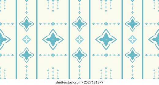 Homespun Traditional Handcraft Blue Embroidery on Cream Background. Geometry Ornament Flowers and Stripes Seamless Pattern Vector. The Ethnic Origin Story on Textile, Classic Hometown Blue Florals.