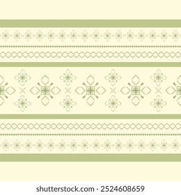 Homespun Traditional Motif Green Weaves Embroidery on Beige Seamless Pattern Vector. Ethnic Of Nature Boarder Geometric pattern, Native American tribal fabric, tile, carpet, vector, kebaya, batik, rug