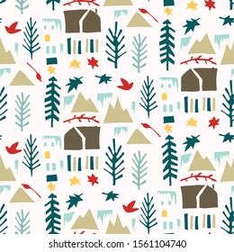 Homespun Winter Scene with Fir Tree an House Pattern. Seamless Background for Christmas Holidays Texture. Paper Cut Collage Backdrop, Isolated Vector Repeat Tile Eps 10 