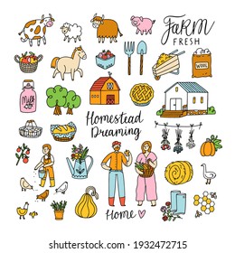 Homestead dreaming colorful cartoon illustrations set about farm, isolated on white background