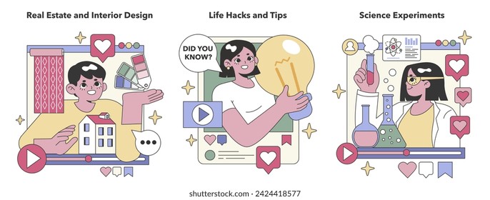 Homestyle Insights set. Home buying and decoration, everyday wisdom, and scientific exploration. Decorating tips, practical tricks, and research fun. Flat vector illustration