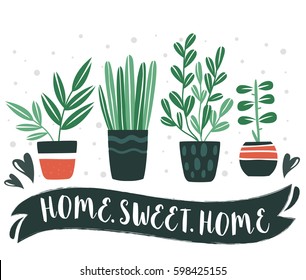 HOME.SWEET.HOME. Set of cute Flowers in vases. Vector collection. House plants.