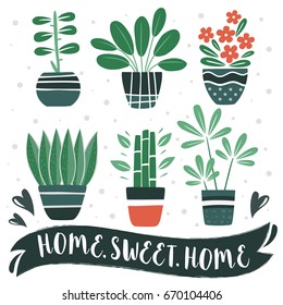 HOME.SWEET.HOME. Set of cute Flowers in vases. Vector collection. House plants.