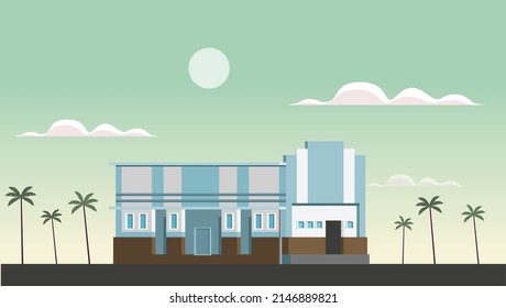 Hometown with autumn atmosphere. Vector illustration in flat cartoon style with sun and clouds palm tree in Background 
