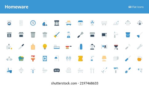 Homeware Icon Set mit flachem Stil. Pixel perfekte Symbole auf der Grundlage von Rastern von 48 x 48 Pixel