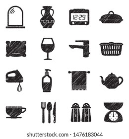 Homeware Icons. Black Scribble Design. Vector Illustration.