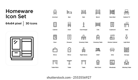 Homeware Line Icon Set: Cookware, Tableware, Storage Solutions, Home Accessories, and Functional Household Items