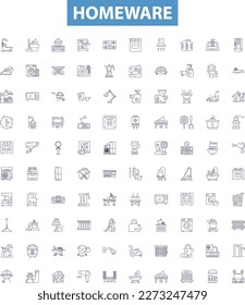 Homeware line icons, signs set. Furniture, Kitchenware, Tableware, Lighting, Bedding, Bathroom, Decor, Appliances, Textiles outline vector illustrations.