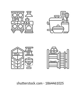 Homeware linear icons set. Kitchen appliances. Cooking supplies. Modern style. Children room furnitures. Customizable thin line contour symbols. Isolated vector outline illustrations. Editable stroke