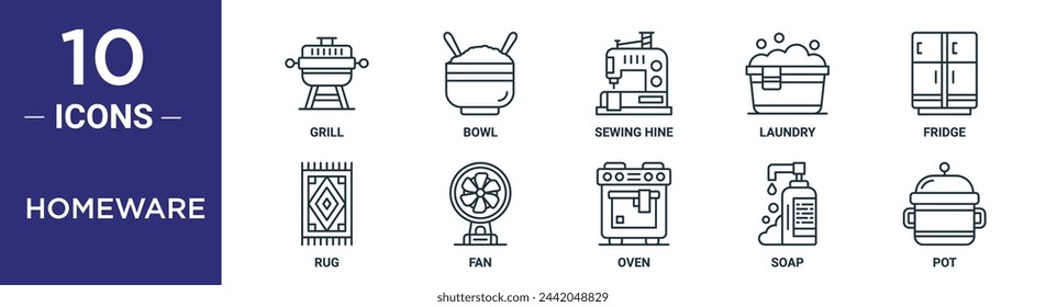 homeware outline icon set includes thin line grill, bowl, sewing hine, laundry, fridge, rug, fan icons for report, presentation, diagram, web design