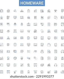 Homeware outline icons collection. Homeware, household, furnishings, furniture, decor, kitchenware, appliances vector illustration set. bedding, bath, curtains line signs
