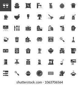 Homeware vector icons set, modern solid symbol collection, filled style pictogram pack. Signs, logo illustration. Set includes icons as wine glass, container, pillow, tap, sprayer, air conditioner