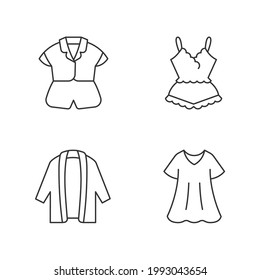 Homewear linear icons set. Silk top and shorts. Lace pyjamas. Long cardigan. Comfortable sleepwear. Customizable thin line contour symbols. Isolated vector outline illustrations. Editable stroke