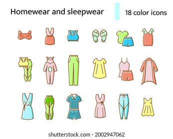 Homewear and sleepwear flat icons set. Comfortable clothes. Slippers, sleep mask. Nightshirt and nightie, pajama. Color filled symbol. Isolated vector stock illustration