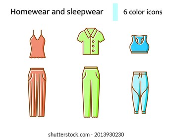 Homewear and sleepwear flat icons set. Comfortable clothes. Domestic suit. Color filled symbol. Isolated vector stock illustration