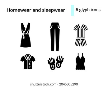 Iconos de glifo de ropa de casa y ropa de dormir. Ropa cómoda. Cálida ropa. Zapatillas, camisas y pijama. Colección de símbolos rellenos de negro. Ilustración aislada de las existencias vectoriales