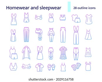 Homewear and sleepwear outline icons set. Comfortable clothes. Nightshirt and nightie, pajama. Purple gradient symbols collection. Isolated vector stock illustration