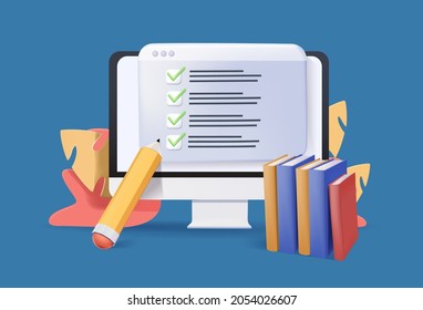Homework assignment. Concept of e-learning, online education, home schooling, web courses, tutorials. 3d realistic vector illustration. Online tutorial, knowledge base. Application learning. Computer