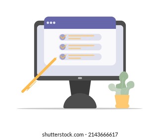 Homework assignment. Concept of e-learning, online education, home schooling, web courses. Realistic illustration. 