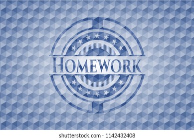 Homework blue badge with geometric pattern background.