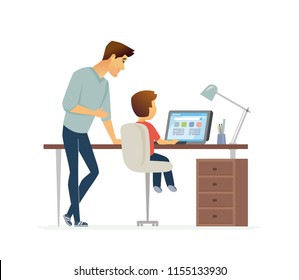 Homework - cartoon people characters illustration isolated on white background. Young handsome father helping his son to prepare for a lesson. Kid sitting at the desk with a laptop. Family concept