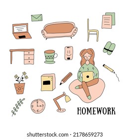 Homework collection. Vector isolated cartoon objects. Colored flat illustration.